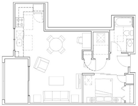 Floor plan for studio, 1 bath, 652 sqft